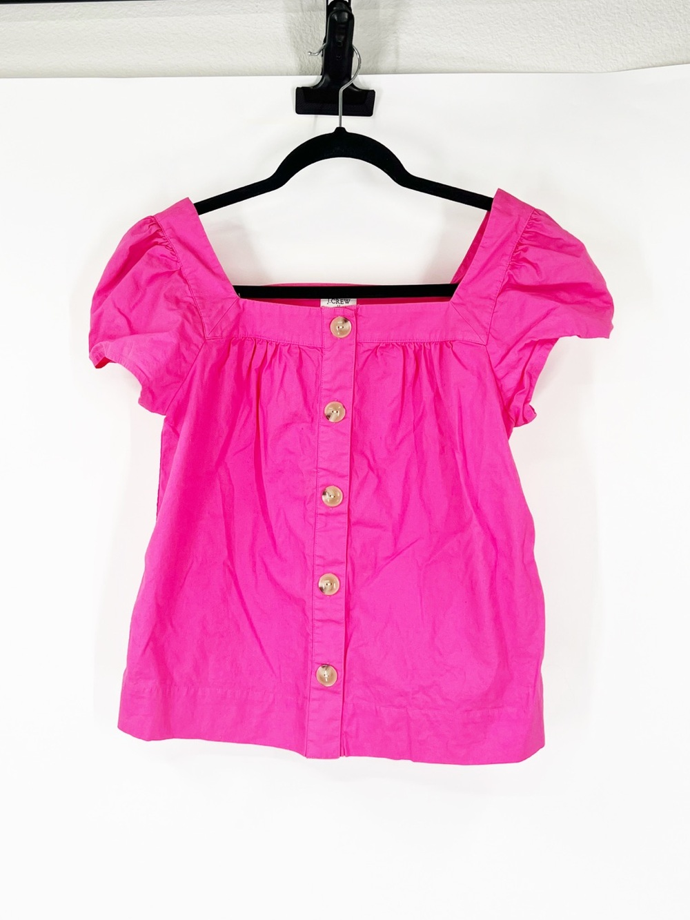 J. Crew Factory Square Neckline Button Front Cropped Top Puff Sleeve